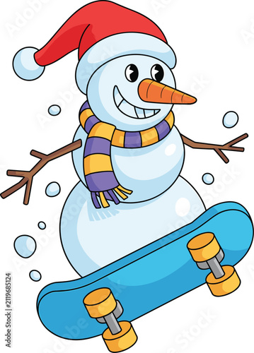 Cuadro en lienzo Cartoon snowman skateboarding in Santa hat — cheerful winter character with scar