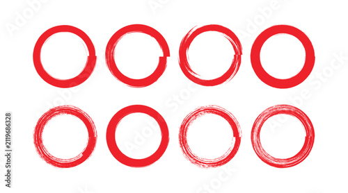 Grunge circles brush set. Red circle frames. Round line of black paint. Grunge round shapes. Paint brushes strokes mega set. Vector illustration. 