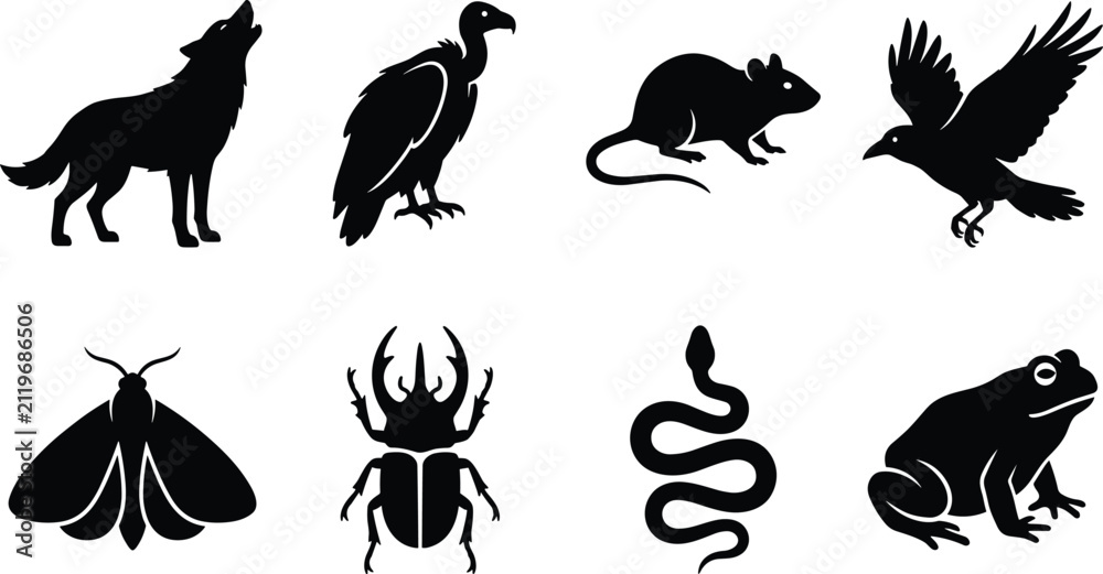Naklejka premium Dark Forest Animal Silhouette Icon Set Featuring Wolf Vulture Rat Crow Moth Beetle Snake and Frog Collection