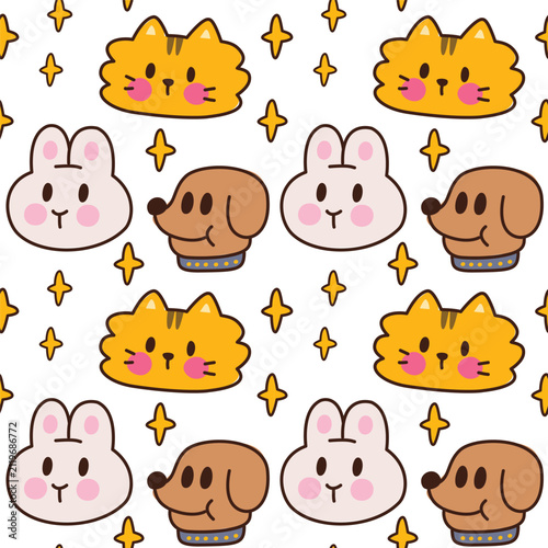 Cute Kawaii Animal Face Seamless Pattern with Cat Dog Bunny and Stars for Kids Fabric and Wallpaper