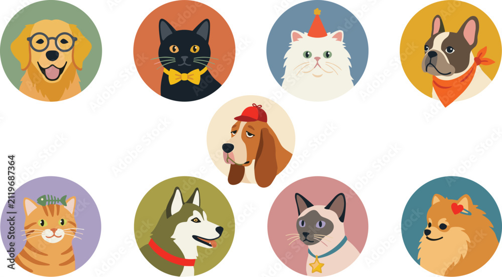 Fototapeta premium Cute Domestic Pets Round Avatar Vector Set Featuring Popular Cat and Dog Breeds wearing Fashion Accessories for Profile Pictures and Pet Shop Branding Layouts