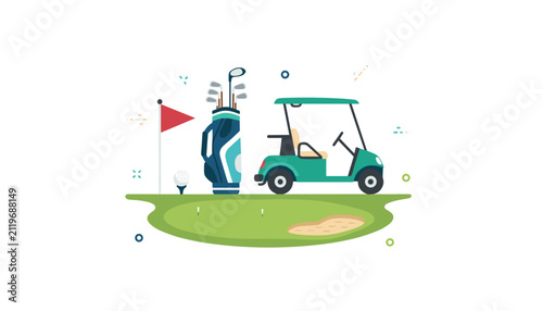Electric golf cart parked on a lush green course with a bag of clubs and flag in this simple vector illustration.