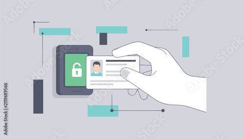 Hand holding an identification card next to a digital security scanner unit with an unlocked padlock.
