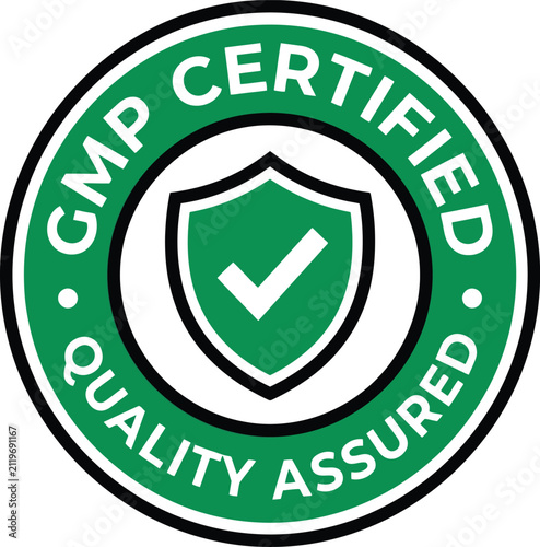 Green gmp certified quality assured round badge stamp icon
