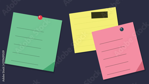 Colorful sticky notes with pushpins on dark blue background illustration