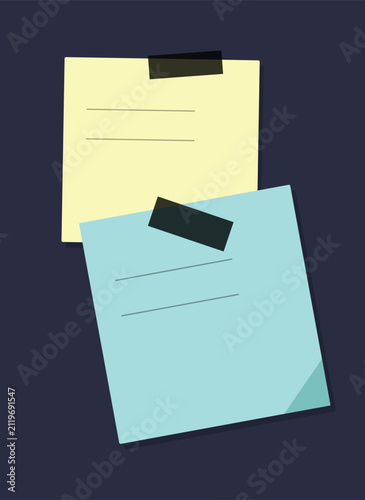 Documents with adhesive tape on dark blue background flat vector illustration