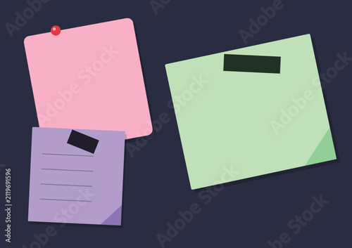 Pink and green sticky notes with black tabs flat vector illustration