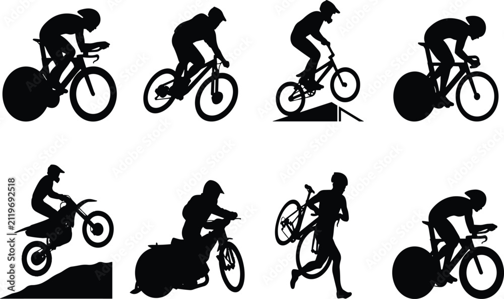 Fototapeta premium Cycling and motocross solid black silhouette set featuring mountain biking, bmx, road racing, and dirt bike riders
