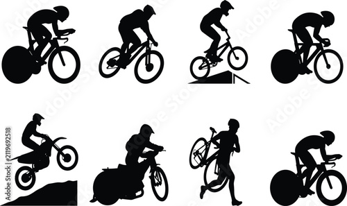 Foto Cycling and motocross solid black silhouette set featuring mountain biking, bmx,