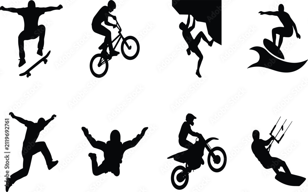 Fototapeta premium Extreme action sports solid black silhouette set featuring skateboarding, BMX, surfing, rock climbing, motocross, and kiteboarding