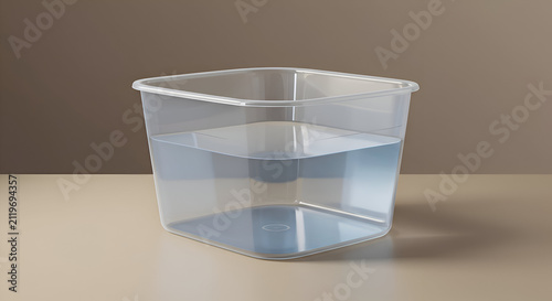 Empty clear plastic storage container on a neutral surface. Empty container with water level viewable within the container, demonstrating capacity.