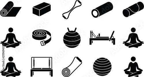 Yoga and pilates exercise equipment icons with exercise resistance meditation wellness training reformer lifestyle equipment illustration minimalist physical activity practice flexibility