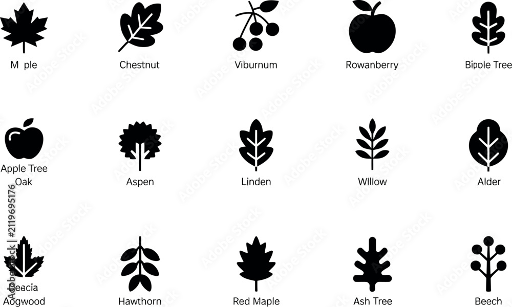Obraz premium Botanical Tree Leaf Silhouette Vector Icon Set – Forest, Nature and Plant Collection