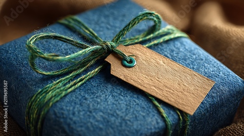 Gift tag on a blue wrapped gift with a green string, resting on a brown textured background