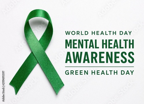 World mental health day concept awareness poster, Green awareness ribbon and text world health day mental health awareness green health day on white background.
