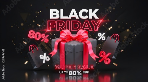 Black friday super sale 80 percent discount promotional banner with gift box and bags