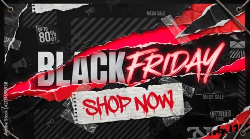 Black friday shop now grunge style promotional banner with red torn paper texture, discount