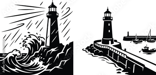 Black and white lighthouse icons with stormy sea waves and a harbor with fishing boats