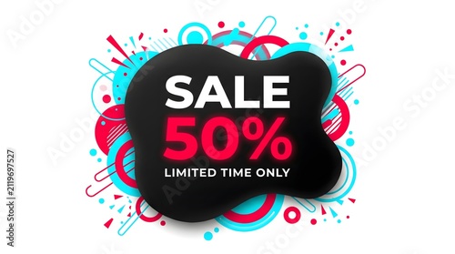 Sale fifty percent off promotion graphic with abstract colorful circles and shapes