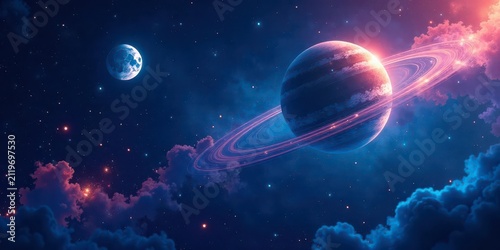 A Cosmic Ballet Ringed Planet and Crescent Moon Adrift in a Nebula of Stellar Dust and Glowing Clouds