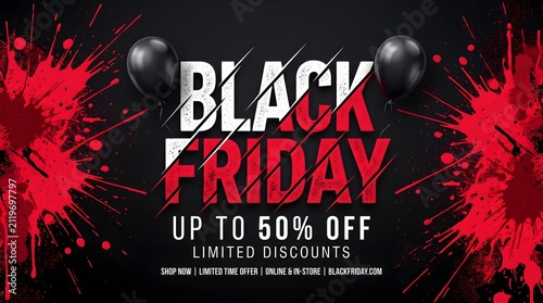 Black friday sale promotion with red paint splatters and decorative black balloons