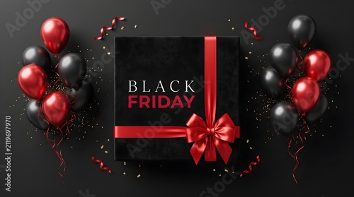 Black friday gift box with red ribbon bow and balloons on dark background, balloons