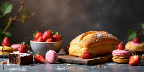 A delectable arrangement of freshly baked bread, delicate macarons, and juicy strawberries, a tempting display of sweet treats