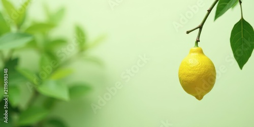 A Single Ripe Lemon Hanging from a Branch with Green Foliage in the Background