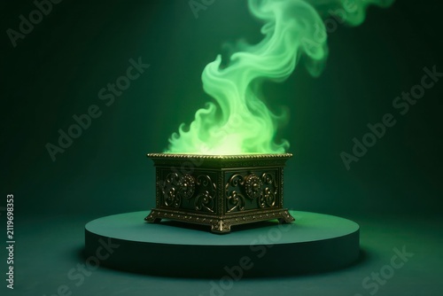 An ornate golden box rests on a pedestal, emitting an ethereal green vapor, creating a mystical and enchanting scene.