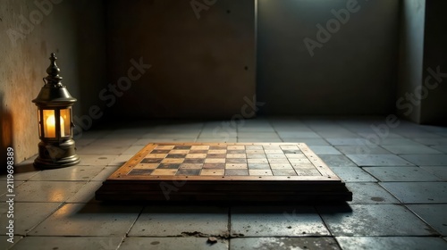 A dimly lit interior scene featuring an antique chessboard resting on a worn tile floor, illuminated by the soft glow of a nearby lantern.