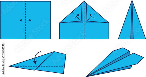 Fotografie Paper airplane origami step by step folding instructions vector set featuring bl