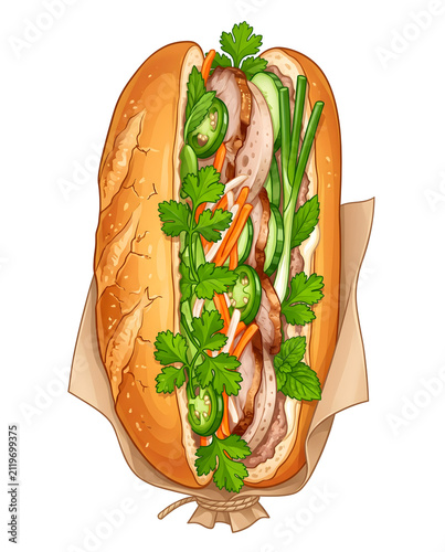 Vietnamese Banh Mi Sandwich with Pork and Fresh Herbs Illustration