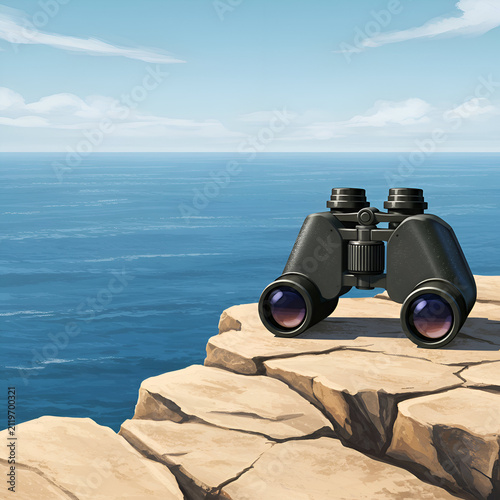 Black binoculars resting on a coastal cliff overlooking a vast expanse of blue ocean water. A serene, outdoor scene with a professional adventurer or tourist on vacation.