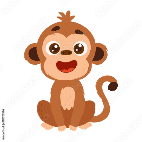 Photography Adorable cartoon monkey with brown fur, big eyes, and a cheerful expression, sitting playfully with a curled tail and joyful pose
