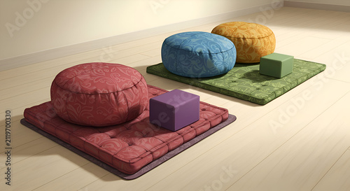 Colorful meditation cushions and blocks on a light-colored wooden floor. Stylish, patterned cushions in various colors atop quilted floor mats, creating a serene and inviting setting.