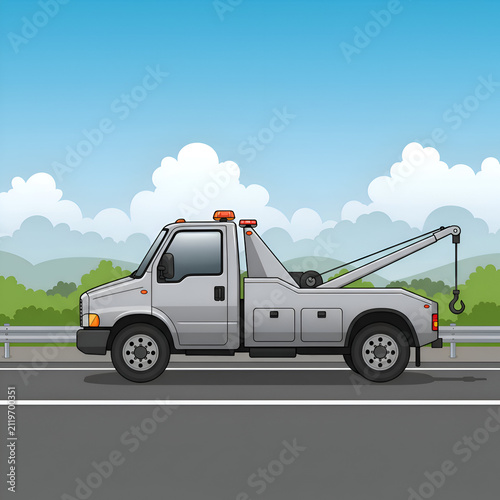 Gray tow truck parked on a highway with a scenic background. Stationary tow truck on a roadway with a backdrop of hills and sky.