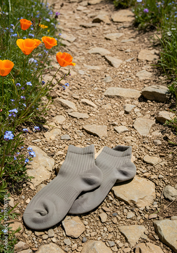 Gray hiking socks resting on a rocky trail surrounded by wildflowers. A pair of casual, gray socks lie on a gravel path bordered by orange wildflowers and small blue flowers.