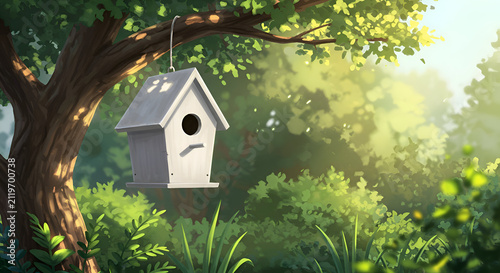 A serene birdhouse hanging from a tree branch in a lush, verdant forest setting. A light-gray birdhouse hangs from a large tree amidst green leaves and grass.