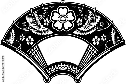 Traditional Japanese decorative fan vector illustration. Elegant floral and leaf motifs in line art style for cultural design and Asian-inspired de...