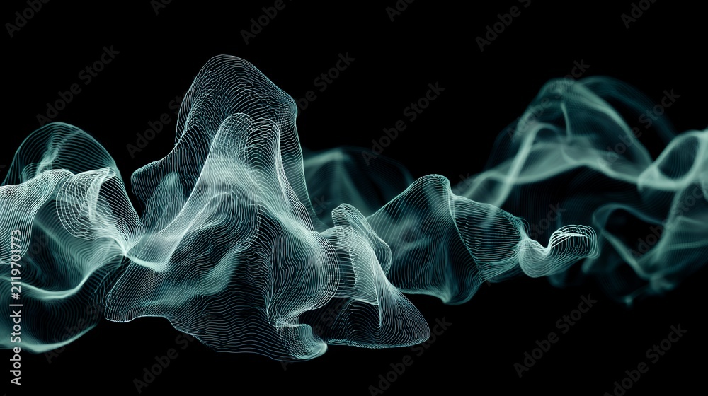 Obraz premium Complex glowing green digital wireframe terrain and abstract mesh waves on dark background, futuristic technology big data overlay