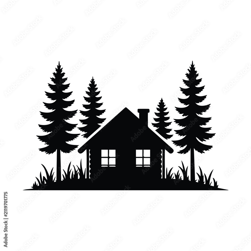 Obraz premium Cozy cabin house in pine tree forest with grass silhouette on white background design element.