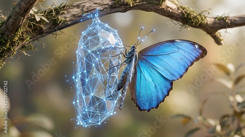 Digital metamorphosis blue butterfly emerging from a glowing wireframe chrysalis
