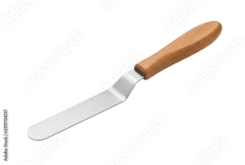 Angled palette knife with narrow wooden handle.