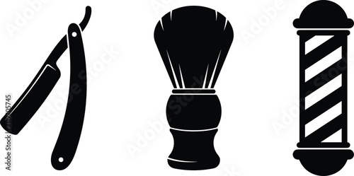 Black and white vector illustration set of barber shop tools including straight razor, shaving brush, and pole