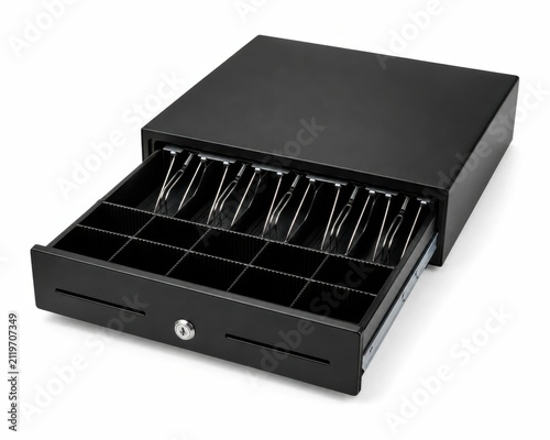 Empty black cash drawer for retail checkout system. Secure money storage tray with organized coin and bill compartments.