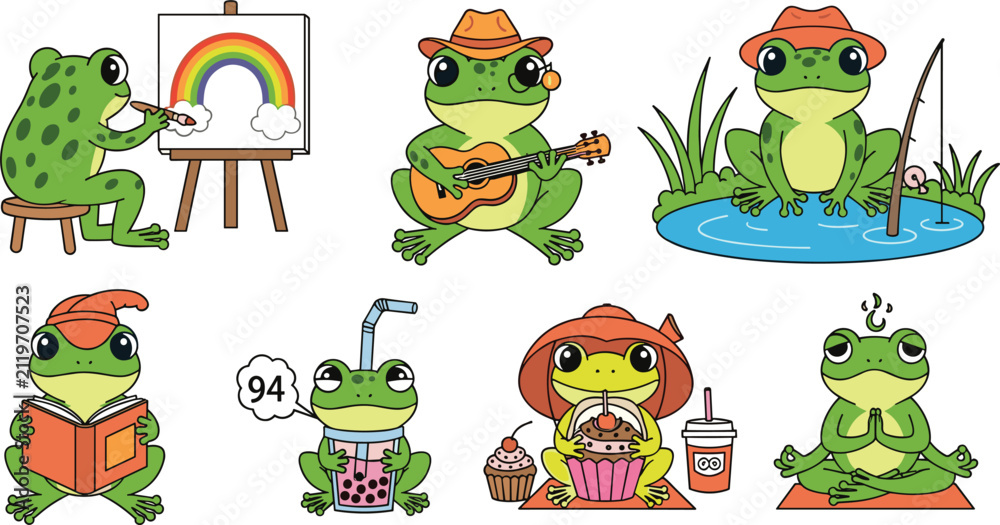 Fototapeta premium Frogs Engaging in Various Activities Like Painting, Playing Guitar, Fishing, Reading, Drinking, Eating, and Meditating