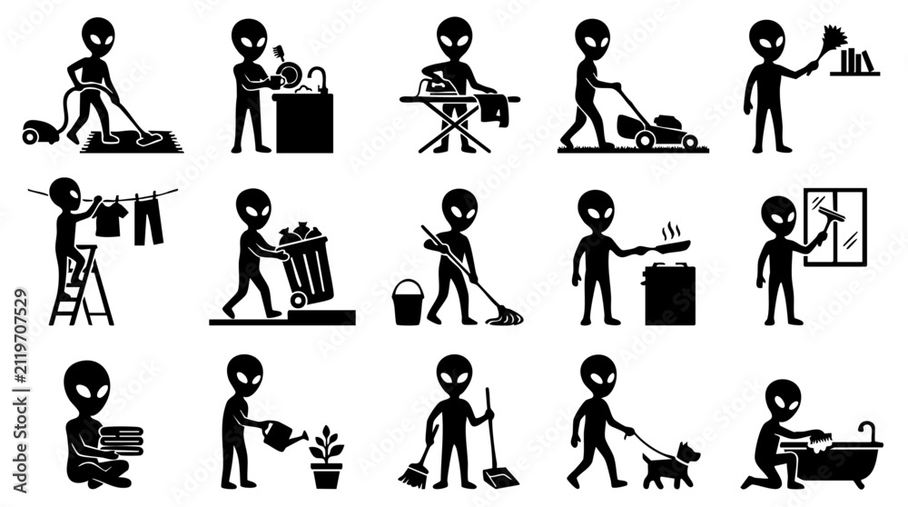 Obraz premium Funny Alien Character Performing Household Chores and Daily Activities Icon Set