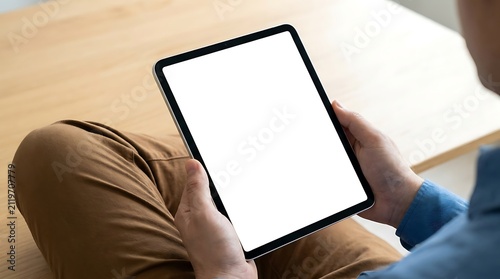 Person holding modern digital tablet with blank white screen mockup. Technology concept for device app ads.