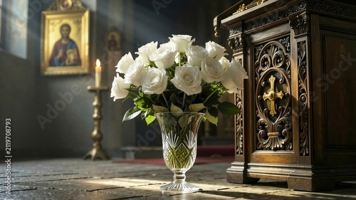 Elegant white rose bouquet sits beside carved wooden altar in church