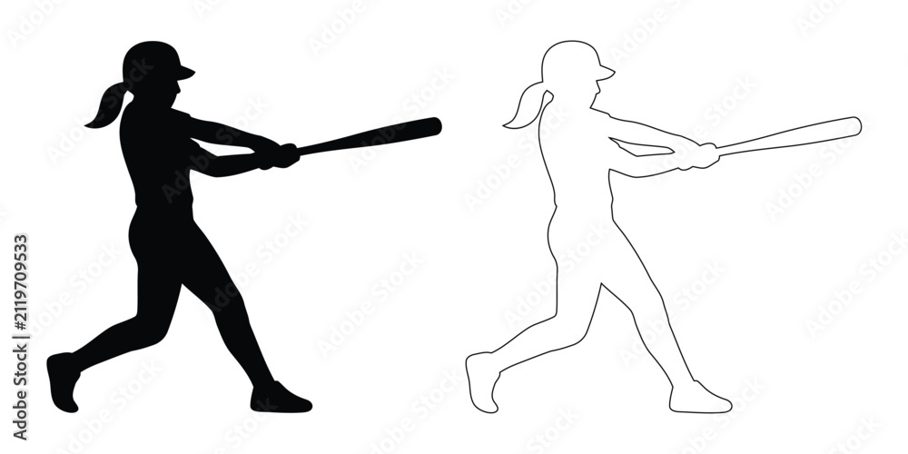 Fototapeta premium Female baseball player swinging bat vector set silhouette and line art outline icon for softball batter sports activity & tournament competition